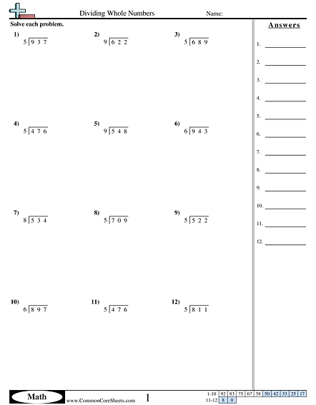3 ÷ 1 (w/remainder) Worksheet - Dividing Whole Numbers  worksheet